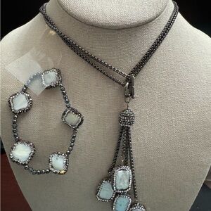 Black Necklace & Bracelet  w/ moonstones accented w/ crystals & Hematite beads